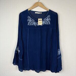 Studio West L Peasant Blouse Embroidered Floral Bell Sleeve Gauze Blue Coastal